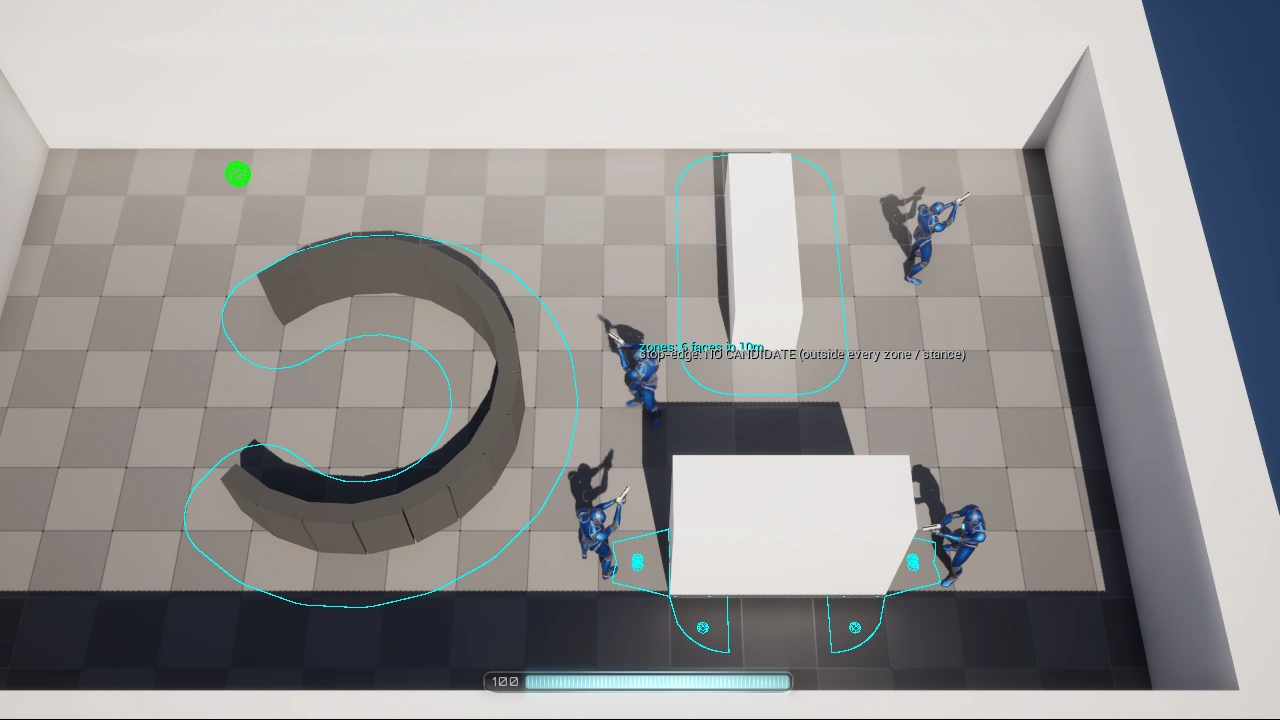 Top-down debug view of a grey-box room. Cyan outlines mark where cover can be taken: a band tracing both the inside and the outside of a C-shaped wall, rounded bands around two blocks, and quarter-circle sectors at the corners of the nearest one.